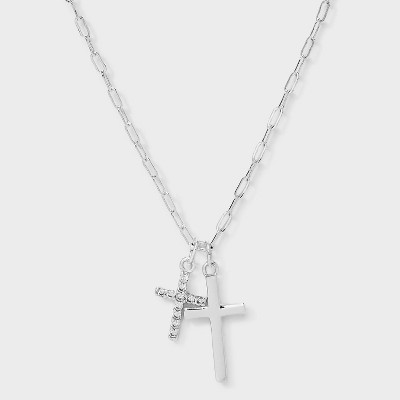 Silver Plated Cubic Zirconia Cross Necklace - Silver