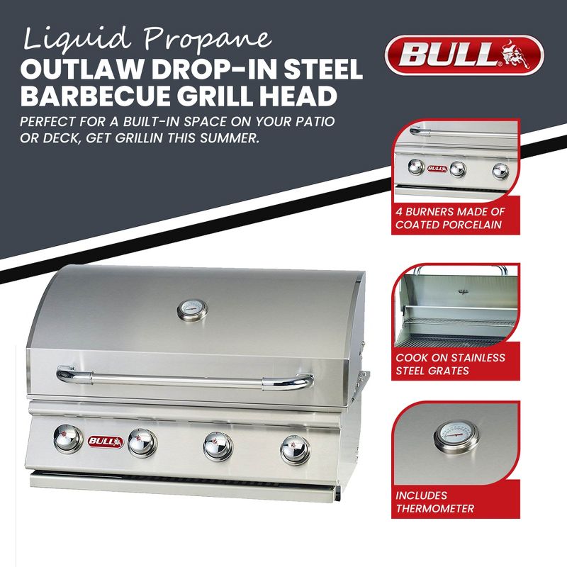 Bull Outdoor Products Liquid Propane Outlaw Drop-In Steel Barbecue Grill Head, 3 of 8