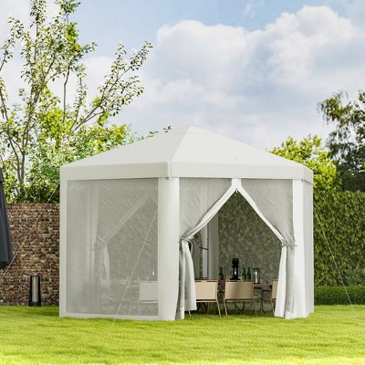 13 Ft Hexagon White Steel Frame Patio Gazebo with Mesh Walls