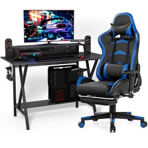Costway Gaming Desk&Massage Gaming Chair Set w/ Footrest Monitor Shelf Power Strip Blue - 1 of 4