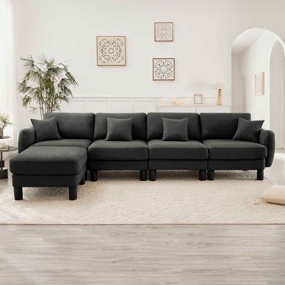 L-Shape Sectional Sofa with Ottoman, 4-Seater Sofa with Armrests and Cylindrical Legs, Boucle Fabric Couch with Cushion-Coolbibila