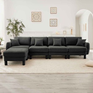 L-Shape Sectional Sofa with Ottoman, 4-Seater Sofa with Armrests and Cylindrical Legs, Boucle Fabric Couch with Cushion-Coolbibila - 1 of 4