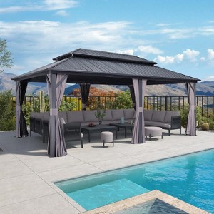 PURPLE LEAF Permanent Hardtop Gazebo Aluminum Frame Gazebo with Galvanized Steel Double Roof, UV-Resistant, Netting & Curtains included - Grey - 1 of 4