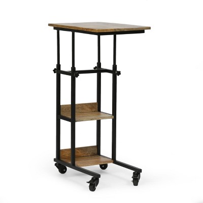 Amlin Adjustable Height Natural Mango Wood and Black Metal C-Shaped Side Table