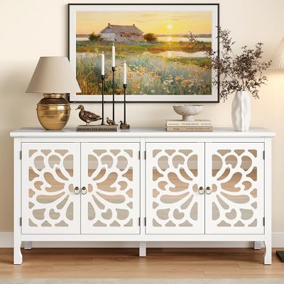 Heynemo Carved Sideboard Cabinet with Storage, 63'' Modern Buffet Cabinet with Mirrored Door and Adjustable Shelves, Accent Cabinet for Entryway