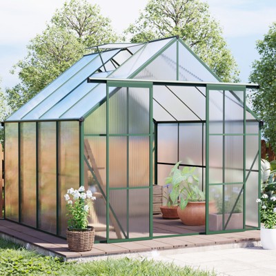 VYNXARIA 8*8FT Double Door Polycarbonate Greenhouse Raised Base and Anchor Aluminum Heavy Duty Walk-in Greenhouses in All Season,Green