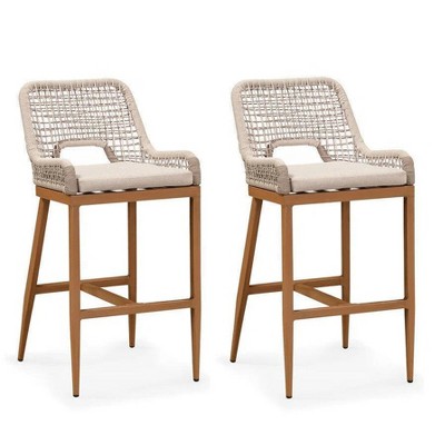 PURPLE LEAF Bar Stools Set of 2 Height Metal Bar Chairs with Back Modern Aluminum Tall Comfy Wicker Woven Boho Barstools Garden Pool Patio Outdoor
