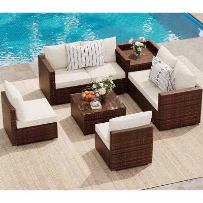 8-Piece PE Rattan Outdoor Sectional Set with Cushions, Storage Table & Coffee Table – Brown Wicker Patio Set for Balcony or Backyard