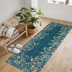 Washable Botanical Area Rugs Runner Rugs for Living Room, Non-Slip Soft Vintage Low Pile Floral Rug Carpet for Bedroom Dining Room Bedside Mud Room - 1 of 4