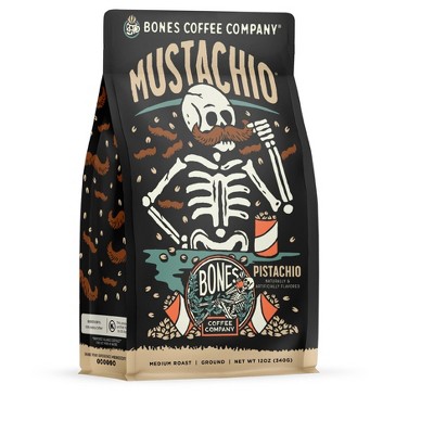 Bones Coffee Company Mustachio Ground Coffee Beans Pistachio Flavor 12 oz Medium Roast (Ground)