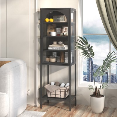 5 Tier Bookshelf Display Storage Cabinet with 3 Adjustable Shelves Metal Storage Cabinet with Glass Door for Dining Room Living Room-Tanpinhause
