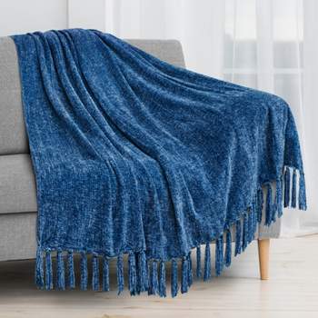 PAVILIA Chenille Throw Blanket with Woven Knitted Tassel Fringe for Couch, Living Room Decor and Bed