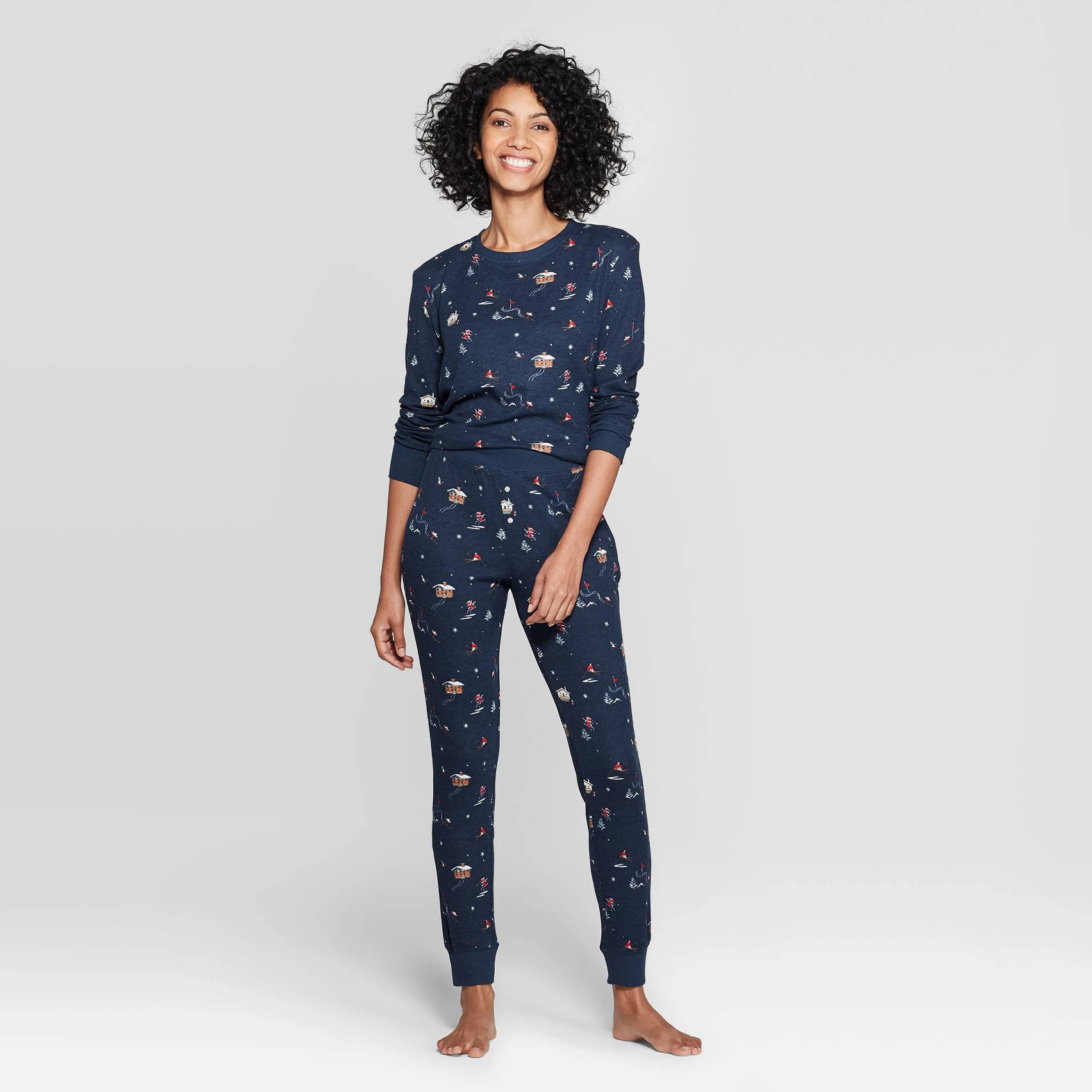 Women's Ski Print Thermal Sleep Pajama Set - Stars Above™ Navy