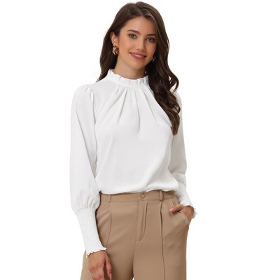 Allegra K Women's Long Sleeve Mock Neck Pleated Solid Chiffon Work Shirt