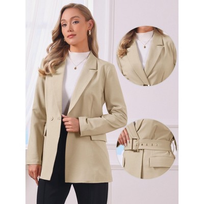INSPIRE CHIC Women's Long Sleeve Collared Belted Business Casual Suit Jacket Blazer Small Khaki — фото 2