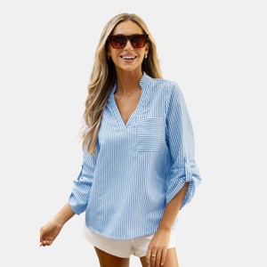 Women's Striped V-Neck Pocket Blouse - Cupshe - 1 of 4