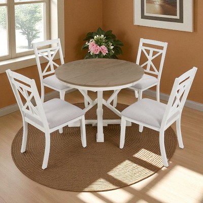5-Piece Extendable Dining Table Set, Round to Oval Solid Wood Kitchen Table with 4 Upholstered Chairs, Farmhouse Dining Room Furniture