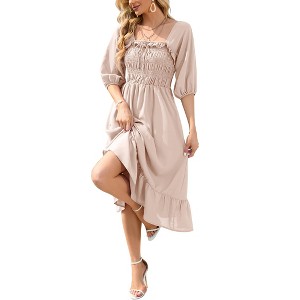 Clearlove Women's Summer Square Neck Midi Dress 2025 Casual Puff Half Sleeve Elastic Waist Boho Flowy Long Dresses - 1 of 4