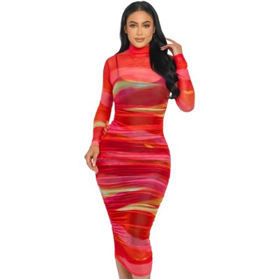 Slickblue Women's Glitch Print Mesh Ruched Midi Dress, Long Sleeve Smock Neck, Tomato/Yellow, Size S-L