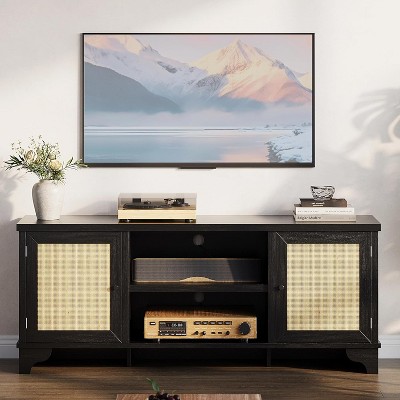 62" Rattan TV Stands, Mid Century Modern Entertainment Center with 2 Cabinets and 2 Open Shelves, Wooden TV Console Table for Apartment