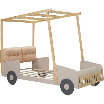 Acekool Car-Shaped Platform Bed Frame for Kids, with Headboard Pillow, Ceiling Cloth Canopy, LED Lights, No Box Spring Needed