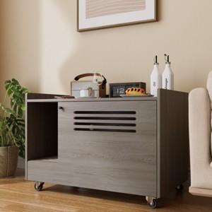 LAOTIES Hidden Cat Litter Box Enclosure,Wooden Cat House Side Table Cabinet with Top Fence and Wheels - 1 of 4