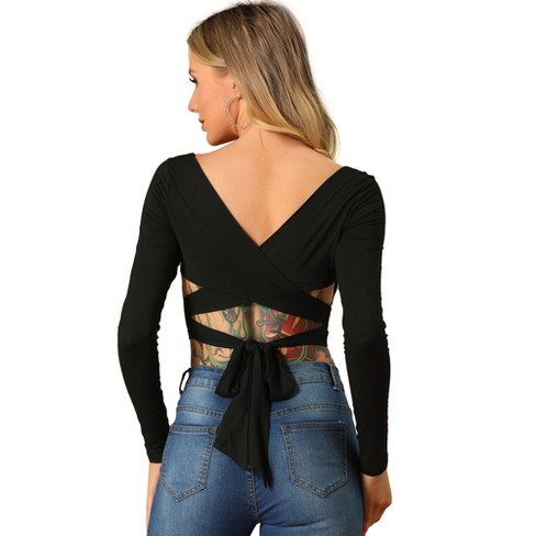 Black Backless Crop Top - Tie-Back Cap Sleeve Top - Backless Top