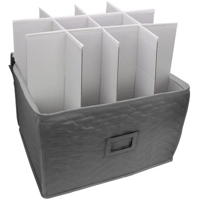 Gray Quilted Fabric Lidded Stemware Storage Box with Dividers