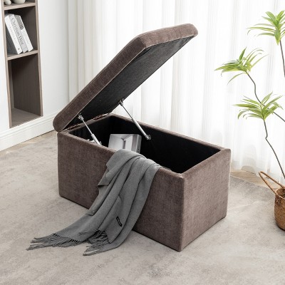 Fawn Brown Polyester Rectangular Storage Ottoman with Edge Stitching