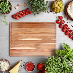 Large Acacia Cutting Board for Kitchen, Built-In Juice Grooves, Side Handle, Butcher Block for Meat/Fruits/Vegetables - 1 of 4