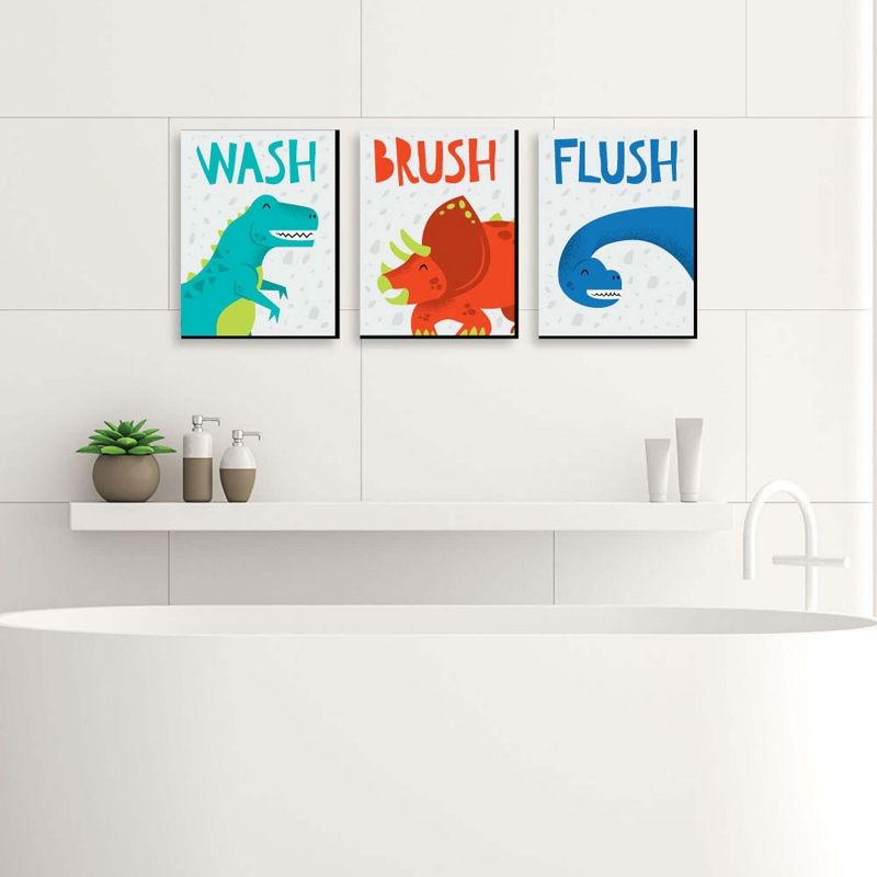 Big Dot of Happiness Roar Dinosaur - Dino T-Rex Kids Bathroom Rules Wall Art - 7.5 x 10 inches - Set of 3 Signs - Wash, Brush, Flush, 3 of 9