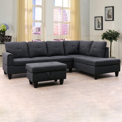 AndMakers 97 in. W Square Arm 3-piece L Shaped Linen Modern Sectional Sofa in Black Gray with Storage