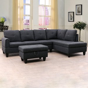 AndMakers 97 in. W Square Arm 3-piece L Shaped Linen Modern Sectional Sofa in Black Gray with Storage - 1 of 4