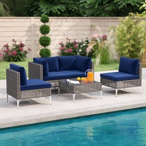 Costway 5 PCS Outdoor Furniture Set with Seat & Back Cushions Tempered Glass Coffee Table Navy/Gray - 1 of 4