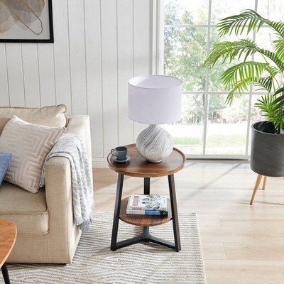 Walnut and Black Round Two-Tier Accent Table with Metal Legs
