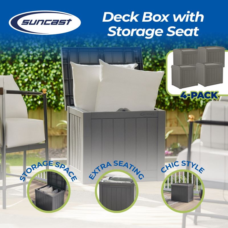 Suncast 22 Gallon Indoor or Outdoor Backyard Patio Small Storage Deck Box with Attractive Bench Seat and Reinforced Lid, Stone (4 Pack), 3 of 8