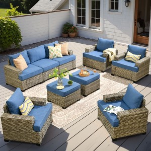 XIZZI All-Weather Rattan Furniture, Sectional Sets w/ Optional Solar Light-Up Coffee Table & Ottoman, Choose 6-9pc Configs in 8 Fade Resistant Colors - 1 of 4