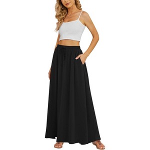 Women's Flowy High-Waist Maxi Skirt - Summer Pleated Long Skirt with Pockets Black - 1 of 4