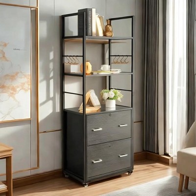 VINGLI Tall 2 Drawer File Cabinet with Lock for Letter Legal Folders, Wood Rolling Filing Cabinets with Shelves for Home Office, Black