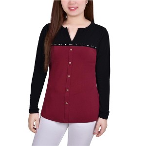 NY Collection Womens Studded Colorblocked Split Neck Button Up Shirt - 1 of 1