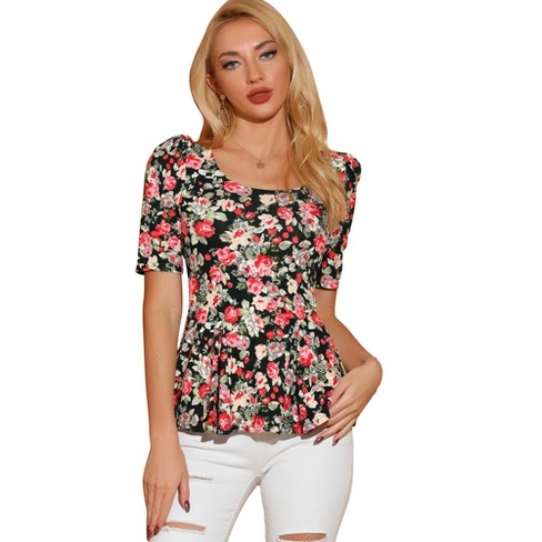 Allegra K Women's Floral Long Sleeve Square Neck Peplum Blouse