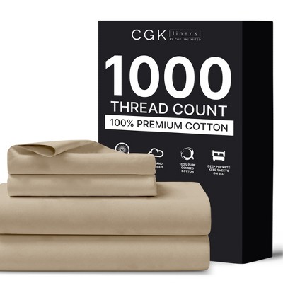 Luxury 1000 Thread Count 4 Piece Sheet Set - Soft & Premium 100% Cotton Sateen - CGK Linens