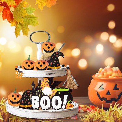 Halloween Pumpkin Witch Hat,Wooden Bead Tiered Tray Set,Wooden Ornaments For Holiday Atmosphere Decor