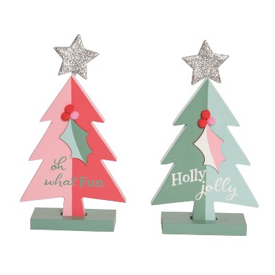 Transpac Set of 2 MDF Pastel Tree Sculptures Decorative Objects for Christmas Multicolor Tabletop Decor Indoor Use Gift Giving and Hostess Gifts Easy