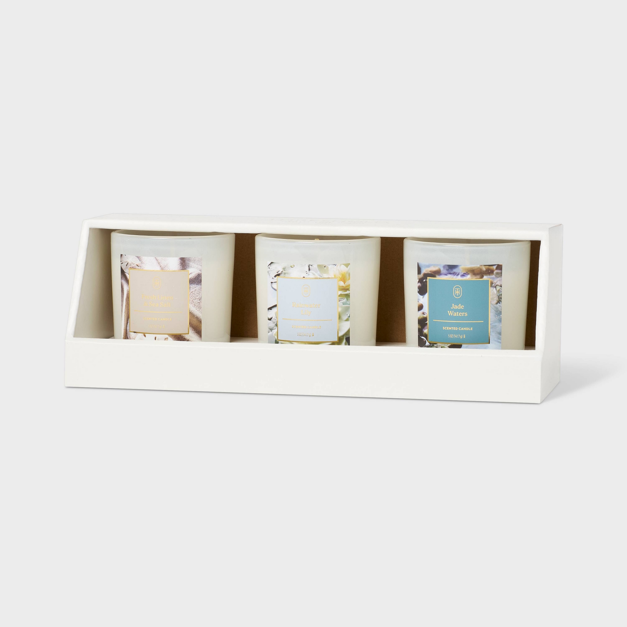 3pk Giftset Jade Waters/Rainwater Lily/Fresh Linen and Sea Salt Jar Candle White - Threshold™