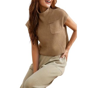 Soft Fabric Breathable Stretchy Turtleneck Knitted Sleeveless Crop Top Fall Winter Fashion - 1 of 4