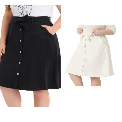 Agnes Orinda Women's Plus Size Tie Waist Button Front Pockets A-Line Midi Denim Skirts