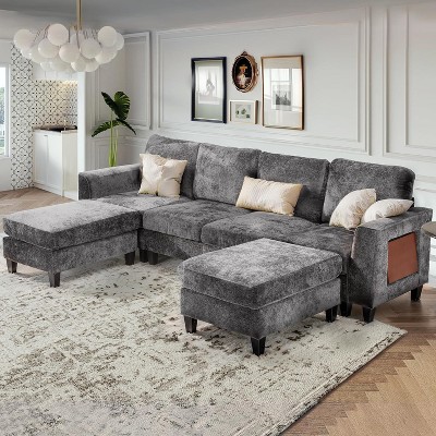 COLAMY 118 U Shaped Sectional Couches,4 Seat Modular Sofa with 2 Ottoman and Foldable Side Table for Living Room,Grey