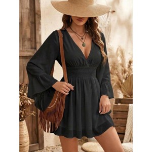Women's V-Neck Long Sleeve Ruffle Mini Dress Smocked Waist Flowy Beach  Cover Up : Target