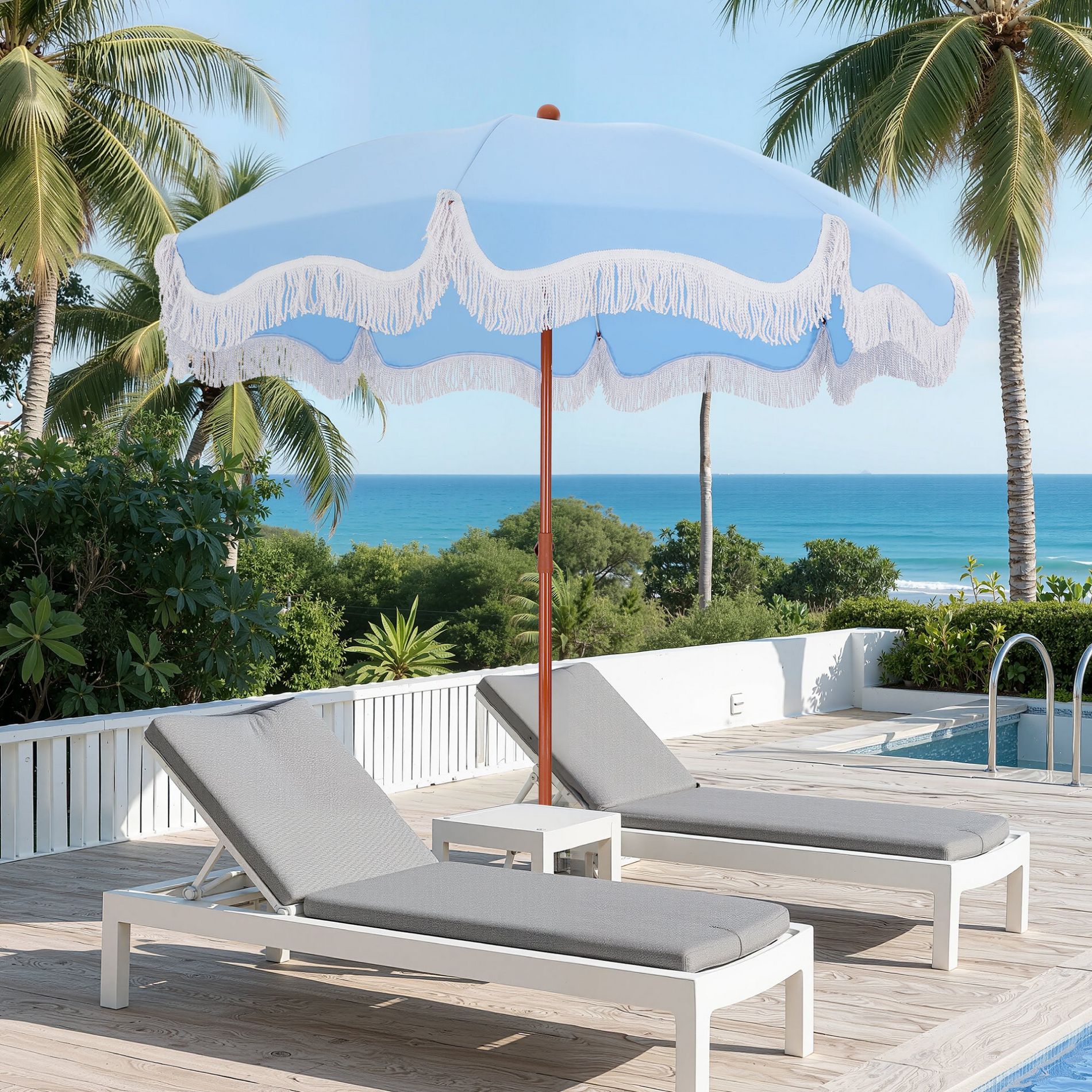 Captiva Designs 7ft Fringe Beach Umbrella, Portable Sun Shade with UPF 50+ UV Protection (No Base)